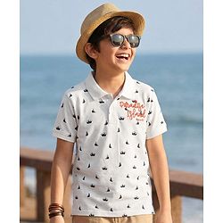 Pine Kids Cotton Knit Half Sleeves Nautical Theme Printed Polo T-Shirt with Text Embroidery Detailing - White