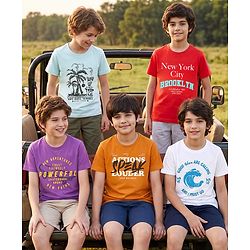 Pine Kids Cotton Knit T-Shirts Short Sleeves Round Neck Graphic Multi Colors 5-6 Years Pack of 5