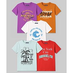 Pine Kids Cotton Knit T-Shirts Short Sleeves Round Neck Graphic Multi Colors 5-6 Years Pack of 5