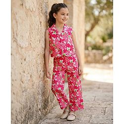 Pine Kids Woven Sleeveless Co-ords Top & Pant Set with Floral Print - Dark Pink