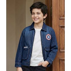 Pine Kids Marvel Full Sleeves Front Zipper Denim Jacket with Captain America Graphic - Blue