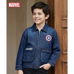 Pine Kids Marvel Full Sleeves Front Zipper Denim Jacket with Captain America Graphic - Blue