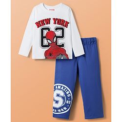Pine Kids Marvel Terry Knit Full Sleeves Oversized T-Shirt & Track Pant with Spider-Man Graphic & Badge Detailing - White & Blue