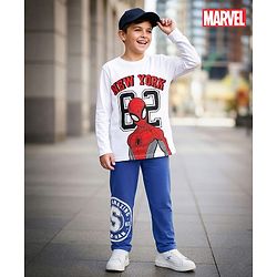 Pine Kids Marvel Terry Knit Full Sleeves Oversized T-Shirt & Track Pant with Spider-Man Graphic & Badge Detailing - White & Blue