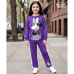 Pine Kids Disney Terry Knit Drop Shoulder Full Sleeves T-Shirt & Lounge Pant Set with Minnie Mouse Graphic - Purple