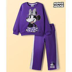 Pine Kids Disney Terry Knit Drop Shoulder Full Sleeves T-Shirt & Lounge Pant Set with Minnie Mouse Graphic - Purple