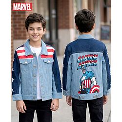 Pine Kids Marvel Woven Full Sleeves Cut & Sew Denim Jacket With Front and Back Captain America Graphics - Light Blue