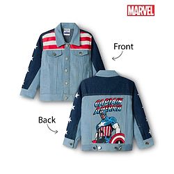 Pine Kids Marvel Woven Full Sleeves Cut & Sew Denim Jacket With Front and Back Captain America Graphics - Light Blue