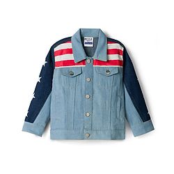 Pine Kids Marvel Woven Full Sleeves Cut & Sew Denim Jacket With Front and Back Captain America Graphics - Light Blue