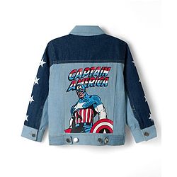 Pine Kids Marvel Woven Full Sleeves Cut & Sew Denim Jacket With Front and Back Captain America Graphics - Light Blue