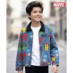 Pine Kids Marvel Full Sleeves Front Zipper Denim Jacket with Avengers Graphic - Navy Blue