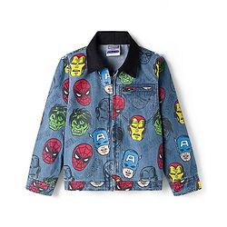 Pine Kids Marvel Full Sleeves Front Zipper Denim Jacket with Avengers Graphic - Navy Blue