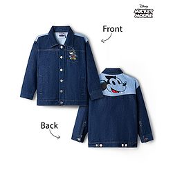 Pine Kids Disney Full Sleeves Front Button Cut & Sew Denim Jacket with Front & Back Mickey Mouse Graphic - Navy Blue