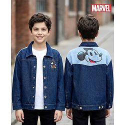 Pine Kids Disney Full Sleeves Front Button Cut & Sew Denim Jacket with Front & Back Mickey Mouse Graphic - Navy Blue