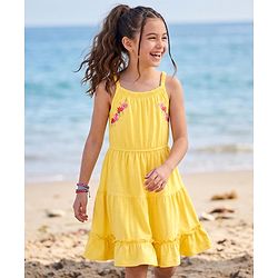 Pine Kids Cotton Knit One Piece Dresses/Frocks with Shoulder Straps and Floral Print Aspen Gold 4-5 Years