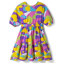 Pine Kids Cotton Knit Half Puffed Sleeves Printed Frock -Multicolor