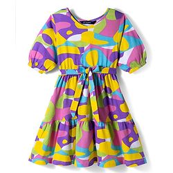 Pine Kids Cotton Knit Half Puffed Sleeves Printed Frock -Multicolor