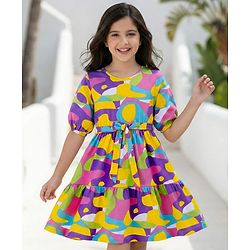 Pine Kids Cotton Knit Half Puffed Sleeves Printed Frock -Multicolor