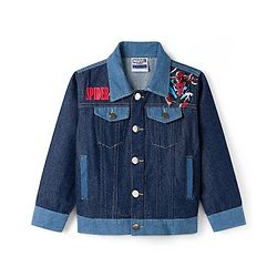 Pine Kids Marvel Full Sleeves Front Button Cut & Sew Denim Jacket with Front & Back Spiderman Graphic - Navy Blue