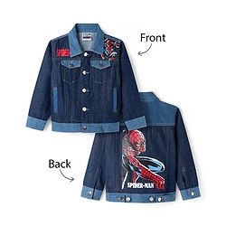 Pine Kids Marvel Full Sleeves Front Button Cut & Sew Denim Jacket with Front & Back Spiderman Graphic - Navy Blue
