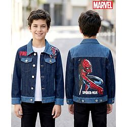 Pine Kids Marvel Full Sleeves Front Button Cut & Sew Denim Jacket with Front & Back Spiderman Graphic - Navy Blue