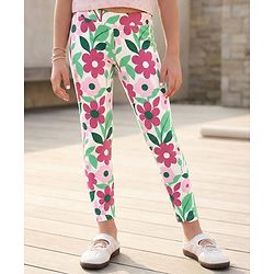 Pine Kids Cotton Lycra Knit Full Length Floral Printed Leggings - Multicolour