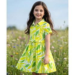 Pine Kids Cotton Knit Half Sleeves Frock with Leaves Print - Limegreen