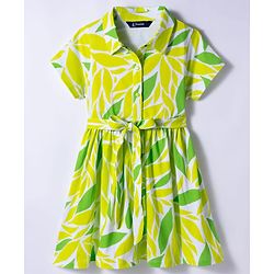 Pine Kids Cotton Knit Half Sleeves Frock with Leaves Print - Limegreen
