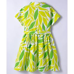 Pine Kids Cotton Knit Half Sleeves Frock with Leaves Print - Limegreen