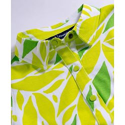 Pine Kids Cotton Knit Half Sleeves Frock with Leaves Print - Limegreen