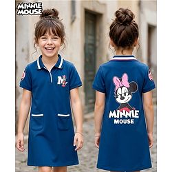 Pine Kids Disney Single Jersey Knit Half Sleeves Dress with Front & Back Minnie Mouse Graphics - Blue