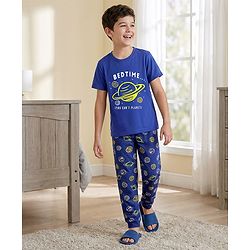 Pine Kids Single Jersey Knit Half Sleeves T-Shirt & Pyjama Night Suit With Space Theme Print - Navy Blue