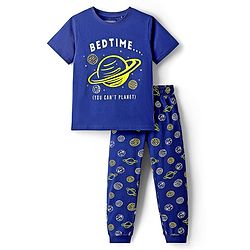 Pine Kids Single Jersey Knit Half Sleeves T-Shirt & Pyjama Night Suit With Space Theme Print - Navy Blue