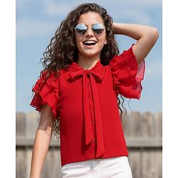 Pine Kids Cotton Lycra Knit Half Sleeves Solid Top - Red