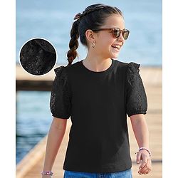 Pine Kids Cotton Lycra Knit Half Sleeves Solid Top with Lace Detailing - Black