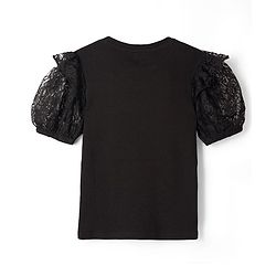 Pine Kids Cotton Lycra Knit Half Sleeves Solid Top with Lace Detailing - Black