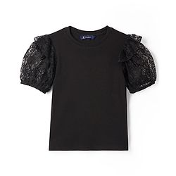 Pine Kids Cotton Lycra Knit Half Sleeves Solid Top with Lace Detailing - Black