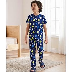 Pine Kids Single Jersey Knit Half Sleeves T-Shirt & Pajama Night Suit With Alphabet Print - Blue