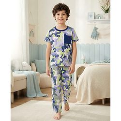 Pine Kids Single Jersey Knit Half Sleeves Co-ords Printed Night Suit - White & Blue