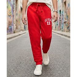 Pine Kids Knit Full Length Lounge Pant with Text Print - Red