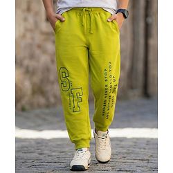 Pine Kids Knit Full Length Lounge Pant with Text Print - Olive Green