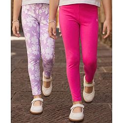Pine Kids Cotton Lycra Knit Full Length Leggings with Floral Print Pack of 2 - Pink & Lavender