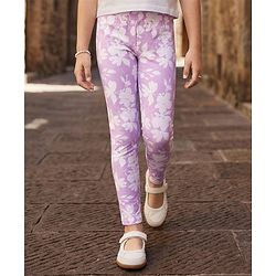 Pine Kids Cotton Lycra Knit Full Length Leggings with Floral Print Pack of 2 - Pink & Lavender