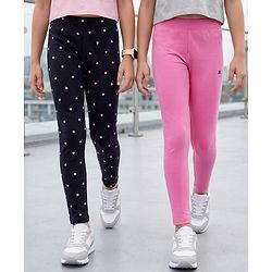 Pine Kids Cotton Lycra Knit Full Length Leggings With Heart Print Pack Of 2 - Pink & Black
