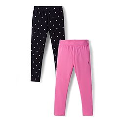 Pine Kids Cotton Lycra Knit Full Length Leggings With Heart Print Pack Of 2 - Pink & Black