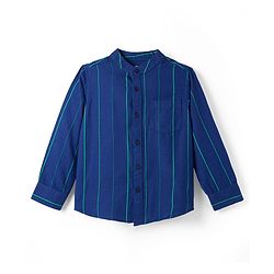 Pine Kids 100% Cotton Woven Full Sleeves Mandarin Collar Striped Shirt - Navy Blue