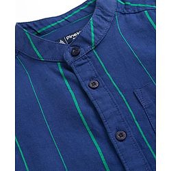 Pine Kids 100% Cotton Woven Full Sleeves Mandarin Collar Striped Shirt - Navy Blue