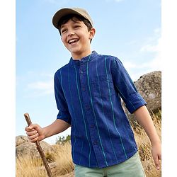 Pine Kids 100% Cotton Woven Full Sleeves Mandarin Collar Striped Shirt - Navy Blue