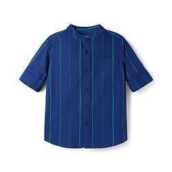 Pine Kids 100% Cotton Woven Full Sleeves Mandarin Collar Striped Shirt - Navy Blue