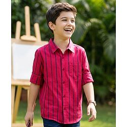 Pine Kids 100% Cotton Woven Full Sleeves Striped Shirt - Red